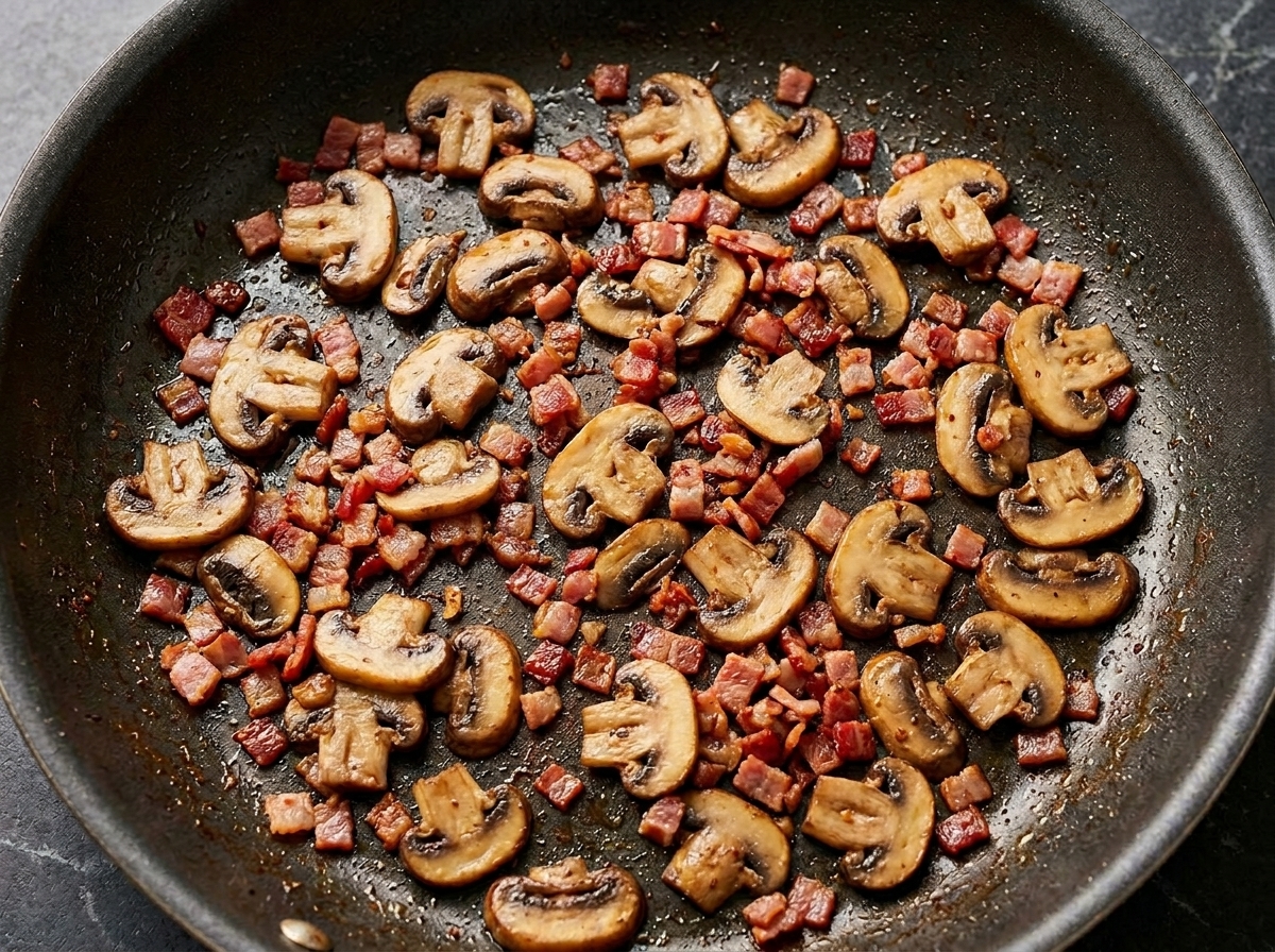 Muscheln und gekochte Kartoffelwürfel werden unter die Speck-Pilz-Mischung gehoben.