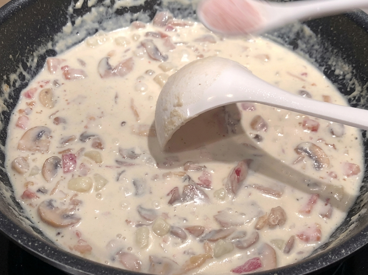 Eine Prise Salz wird über die sämige Suppe gestreut.
