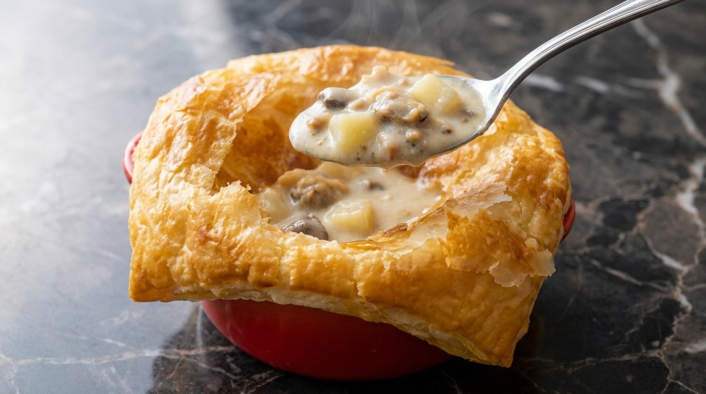 Cremige Muschelsuppe in der Blätterteighaube