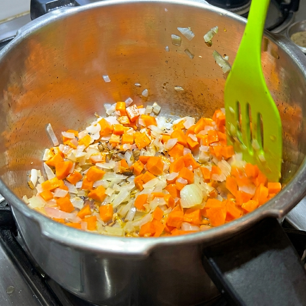 Gewürfelte Karotten werden in den Topf zu den Zwiebeln gegeben.