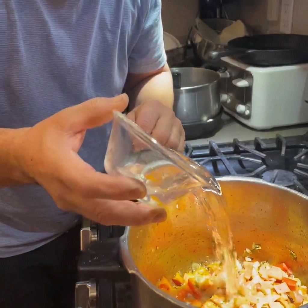 Wasser wird in den Topf mit Zwiebeln und Karotten gegossen.