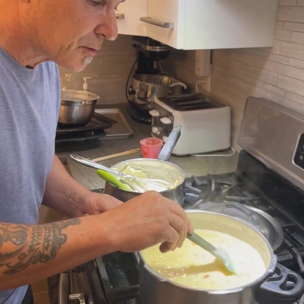 Mehl wird mit einem Schneebesen in geschmolzene Butter eingearbeitet.