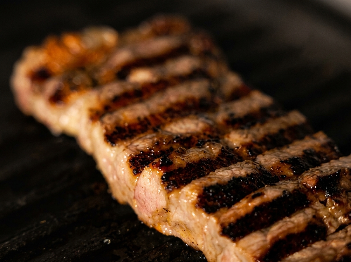 Ein dickes Rindersteak mit deutlichen dunklen Grillstreifen auf einem heißen Grill.
