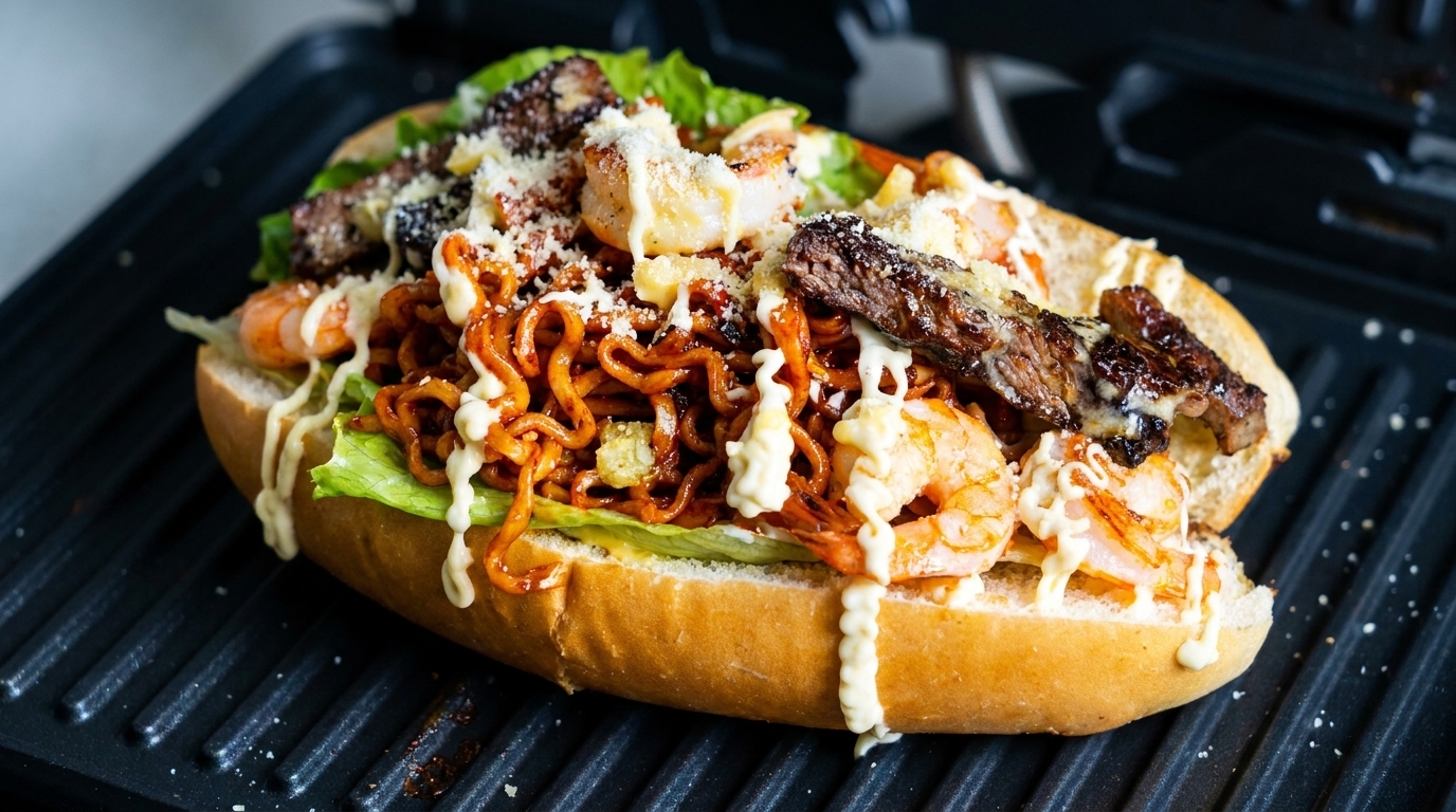 Scharfer Fire-Noodle-Hotdog mit Rindersteak und Garnelen