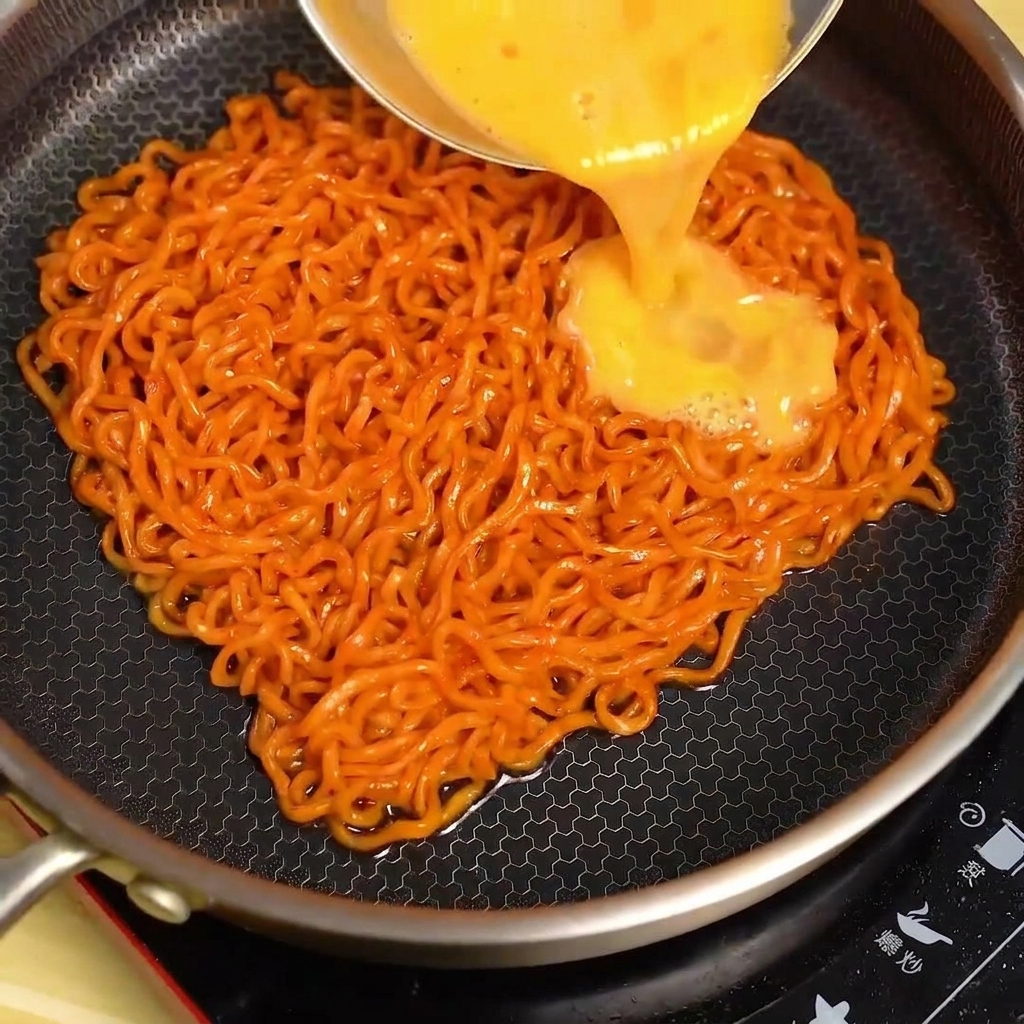 Ein Strahl verquirlter Eier wird über den Haufen roter Fire-Noodles in die Pfanne gegossen.