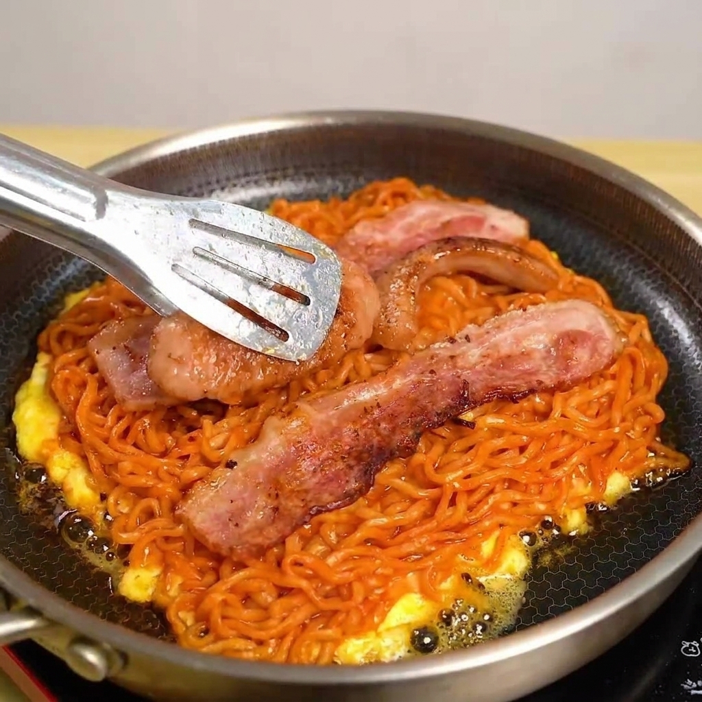 Eine einzelne Scheibe Käse wird auf die Speck-Nudel-Mischung in der Pfanne gelegt.