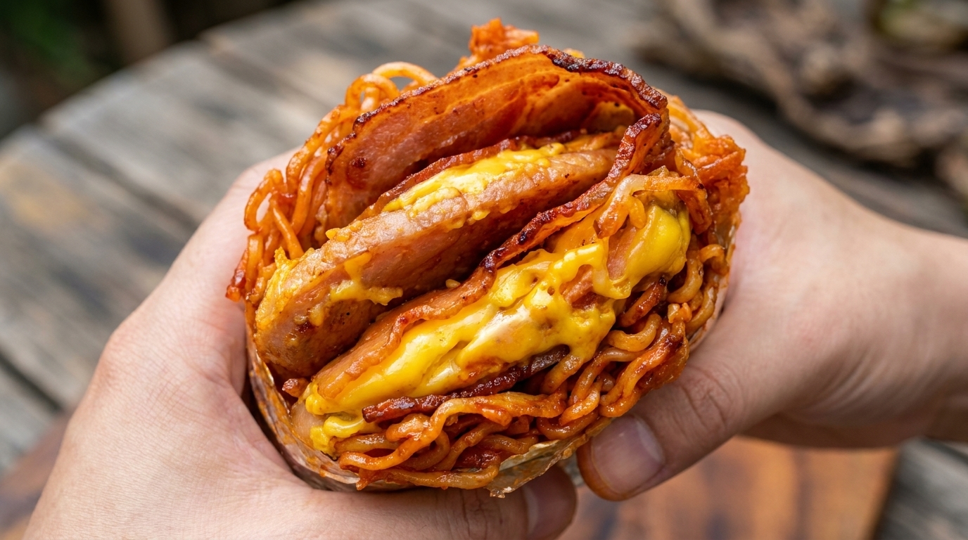 Würzige Fire-Noodle-Rolle mit Speck und Ei