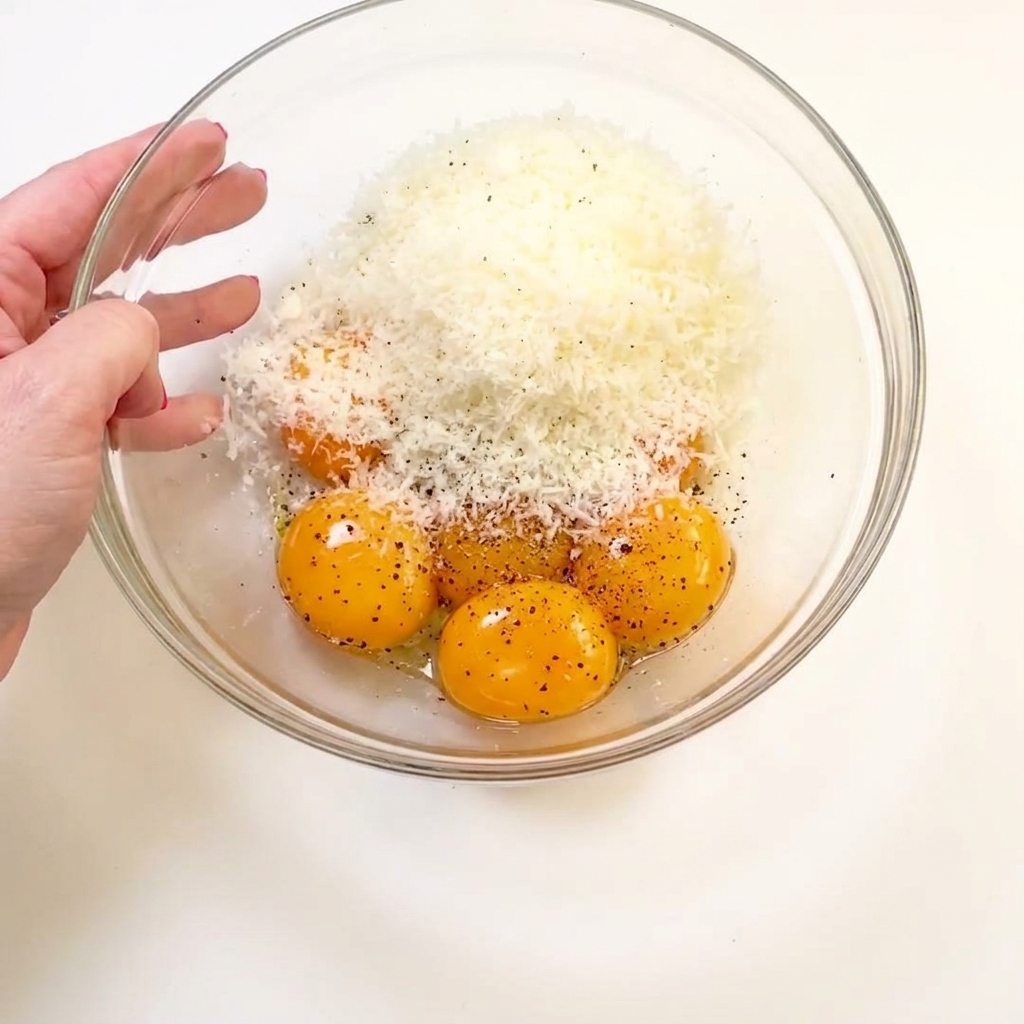 Eine glatte, dicke gelbe Mischung aus Eigelb, Parmesan und Pfeffer in einer Schüssel.