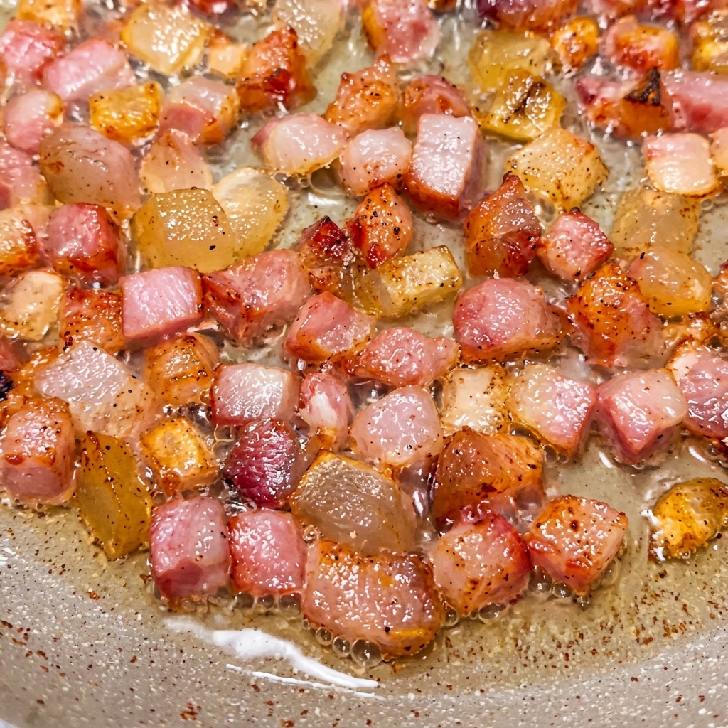 Goldbraune, knusprige Speckwürfel braten im ausgelassenen Fett in einer Pfanne.