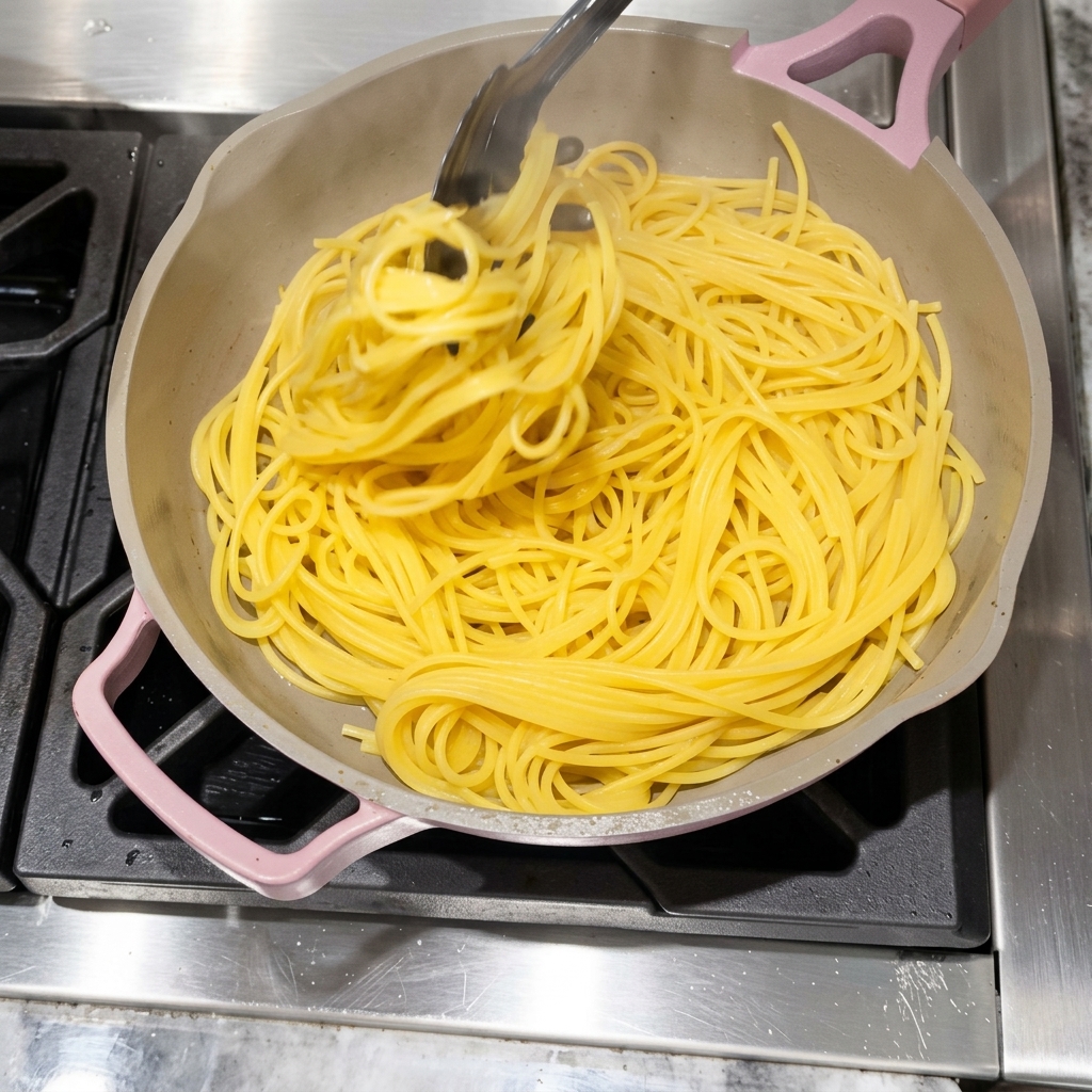 Spaghetti und Speckbits werden in einer Pfanne miteinander vermengt.