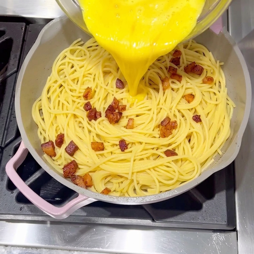 Die cremige Ei-Käse-Sauce wird über die Spaghetti in der Pfanne gegossen.