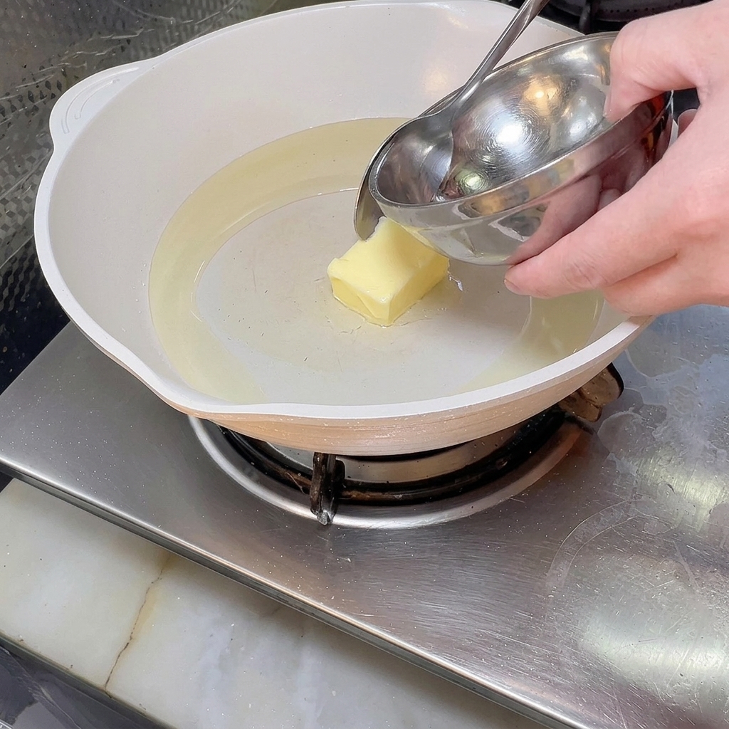 Ein Stück Butter schmilzt in einer heißen Pfanne mit etwas Öl.