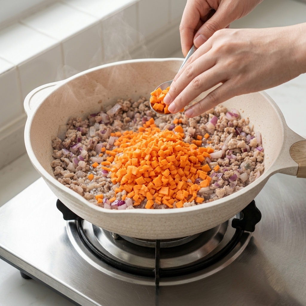 Gewürfelte Karotten werden zu dem Fleisch-Zwiebel-Mix in der Pfanne gegeben.