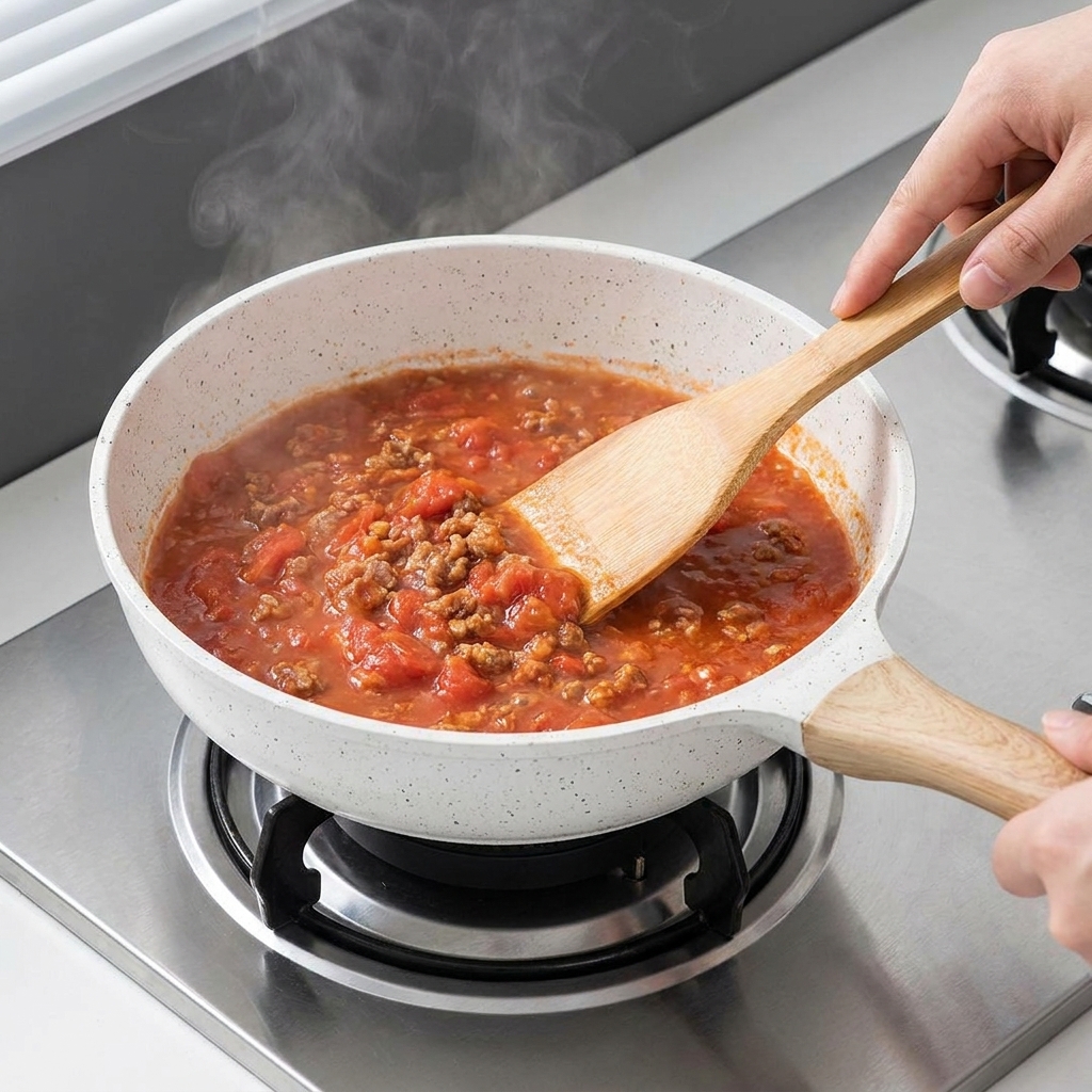 Tomatenmark wird aus einer Tube in die Pfanne zu Fleisch und Gemüse gegeben.