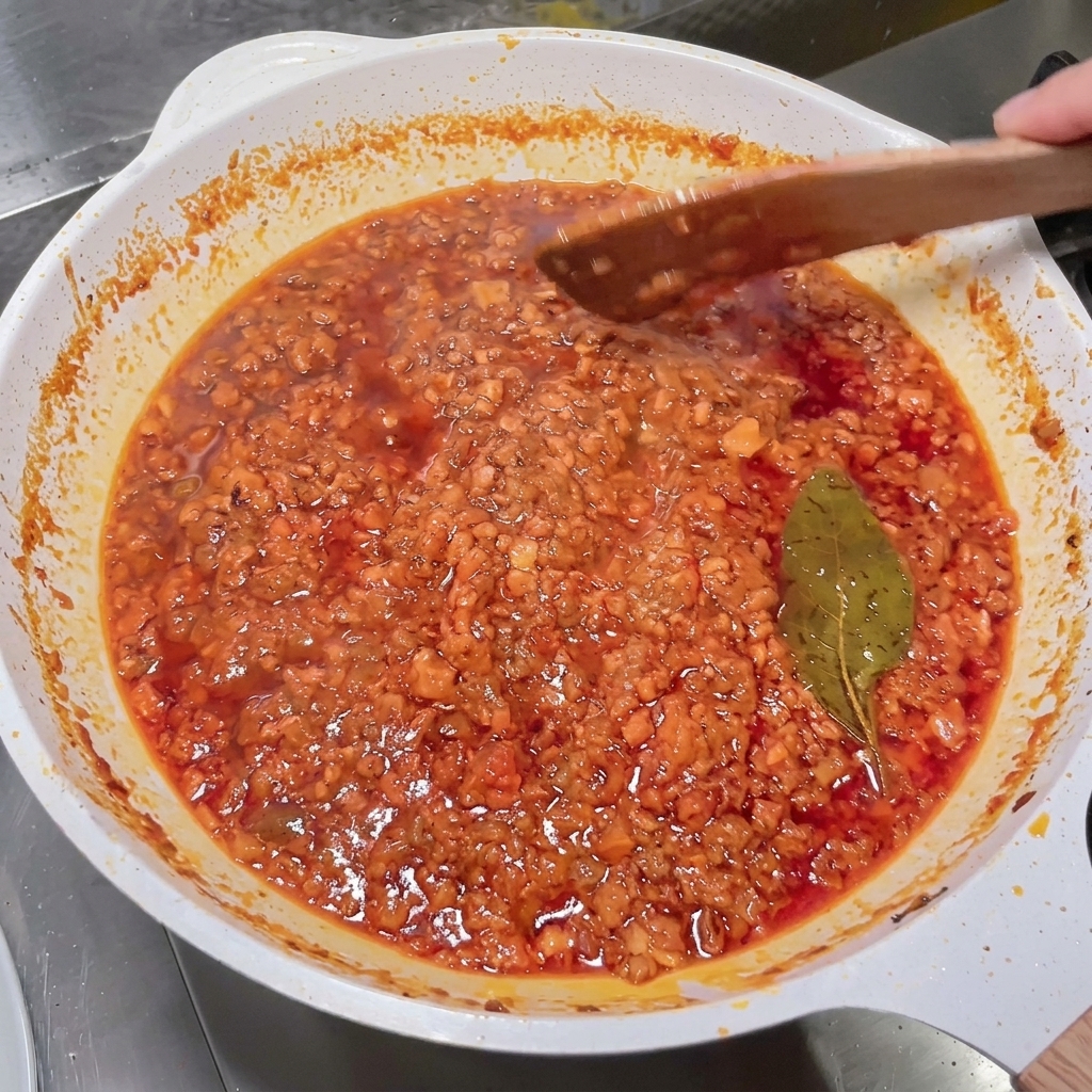 Rotwein wird von einem Löffel in die heiße Pfanne zum Fleisch-Gemüse-Mix gegeben.