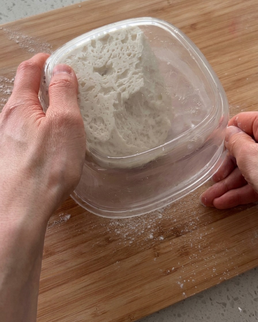 Pizzateig wird auf einem Holzbrett von Hand flach gedrückt und mit Dellen versehen.