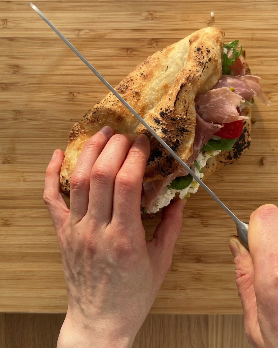 Ein Wellenschliffmesser schneidet das fertige Sandwich auf einem Holzbrett durch.