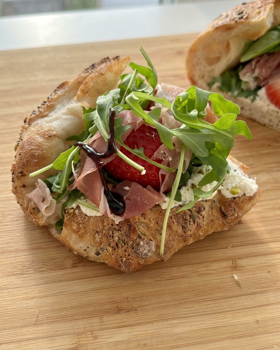 Dunkle Balsamico-Glasur wird dekorativ über das Sandwich gegeben.
