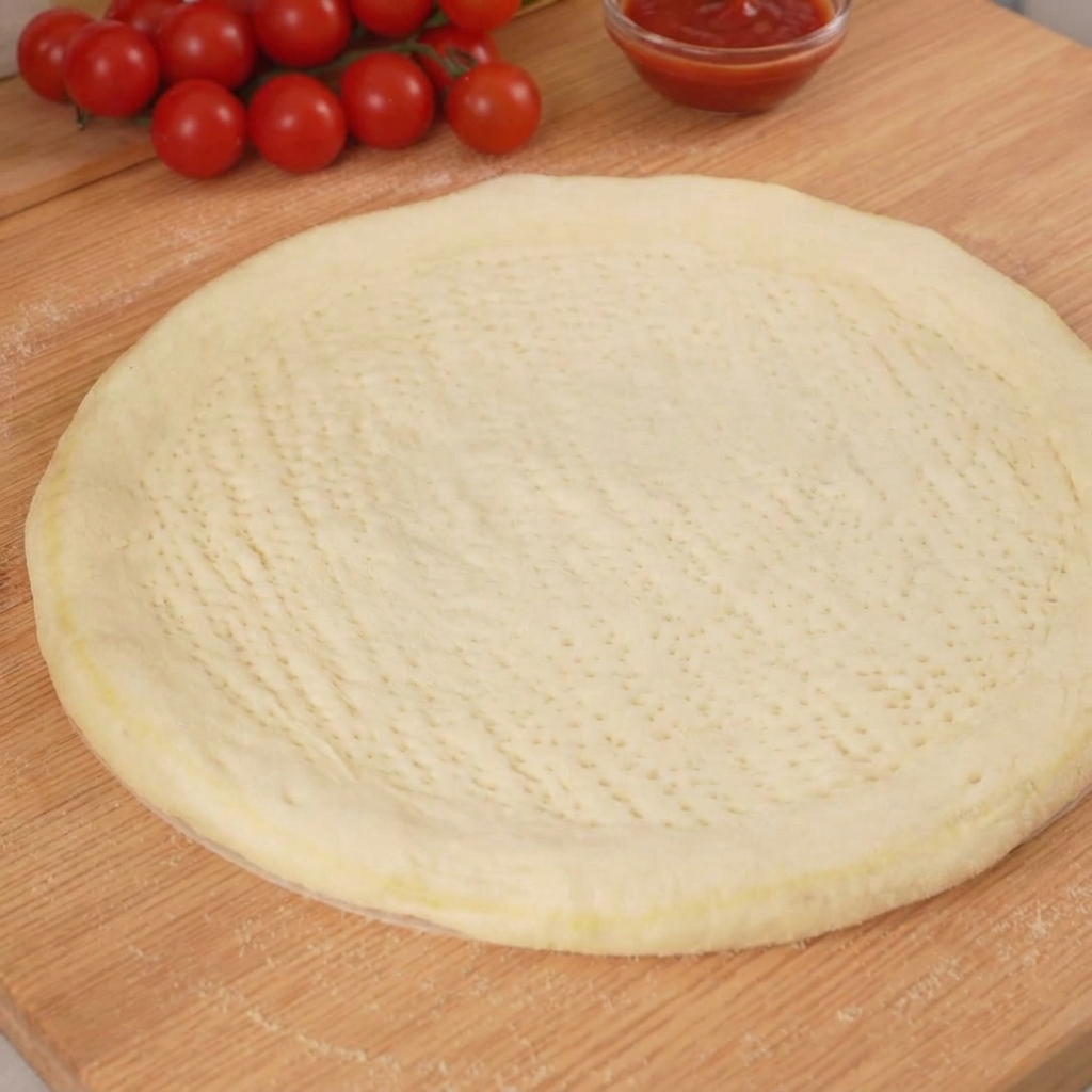 Tomaten-Basilikum-Sauce wird mit einem Löffel auf dem Pizzaboden verteilt.
