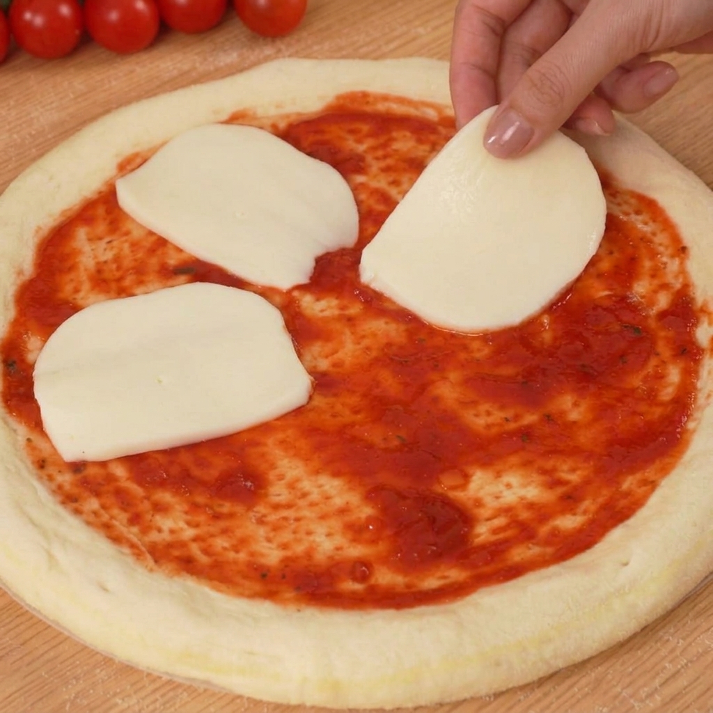 Pizzabasis mit Mozzarella und halbierten Kirschtomaten belegt.