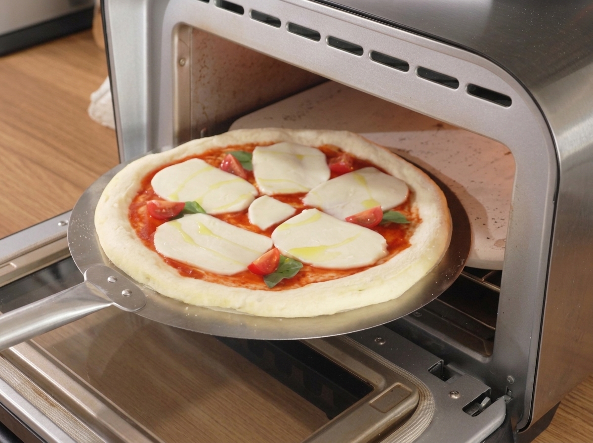 Eine Pizza wird mit einem Schieber in den heißen Ofen befördert.