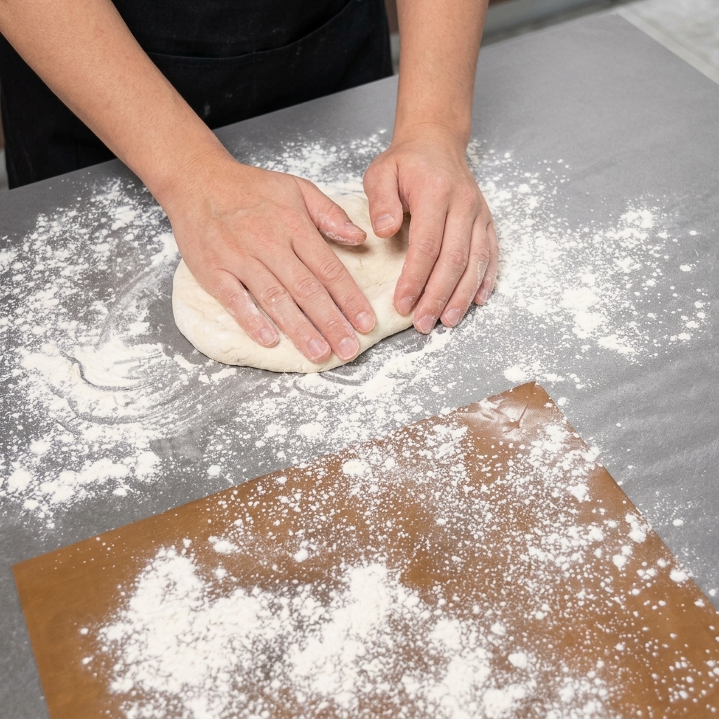 Hände dehnen eine Teigkugel auf einer bemehlten Arbeitsplatte zum Pizzaboden.