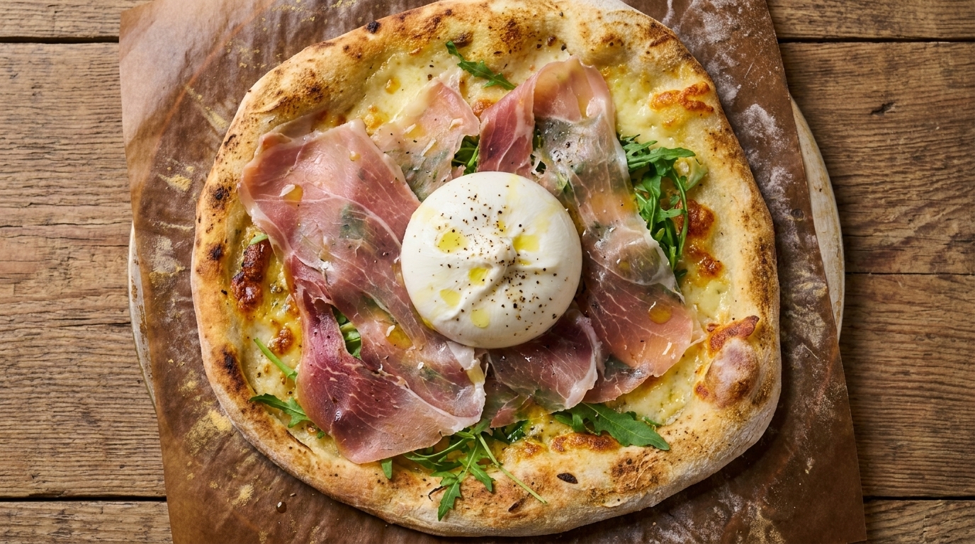Gourmet-Pizza mit Parmaschinken und Burrata