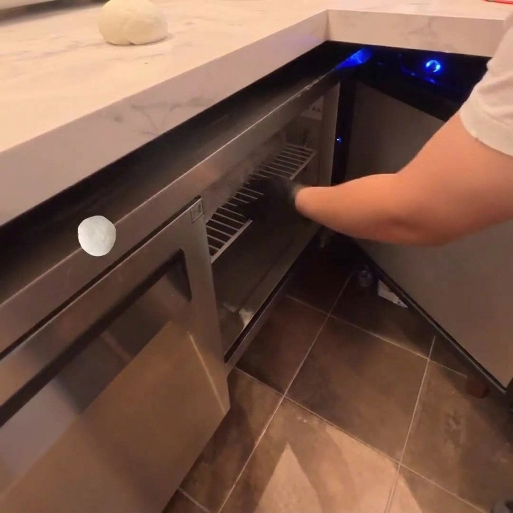 Eine Teigkugel auf einer weißen Arbeitsfläche neben einem Kühlschrank.