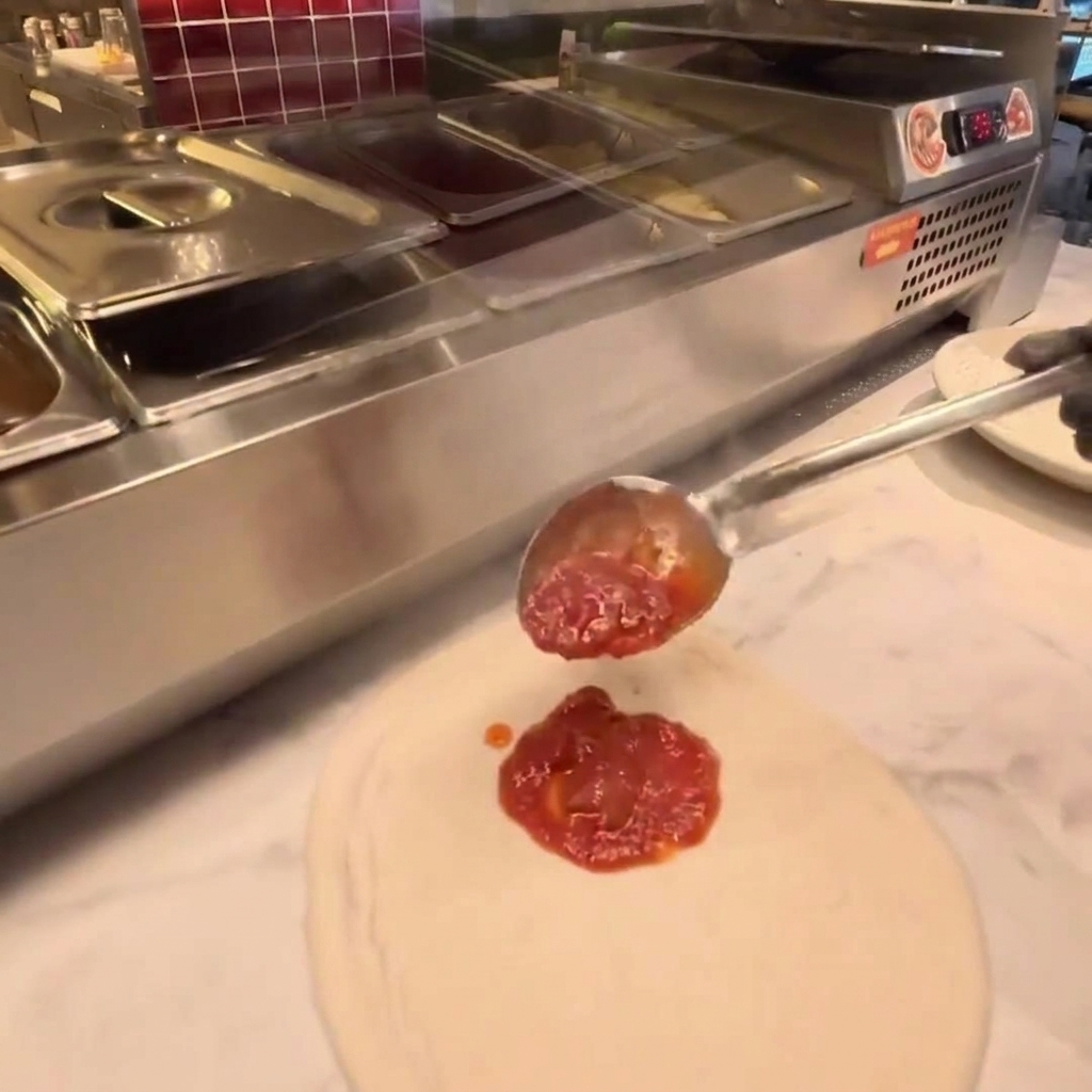 Tomatensauce wird mit einer Kelle auf einem Pizzaboden verteilt.