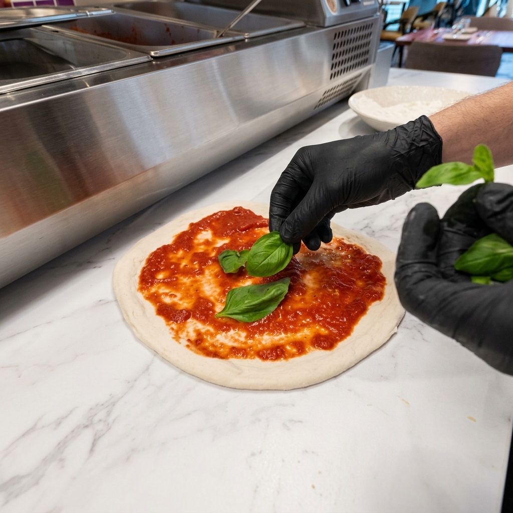 Frische grüne Rucolablätter auf einem mit Tomatensauce bestrichenen Pizzateig.