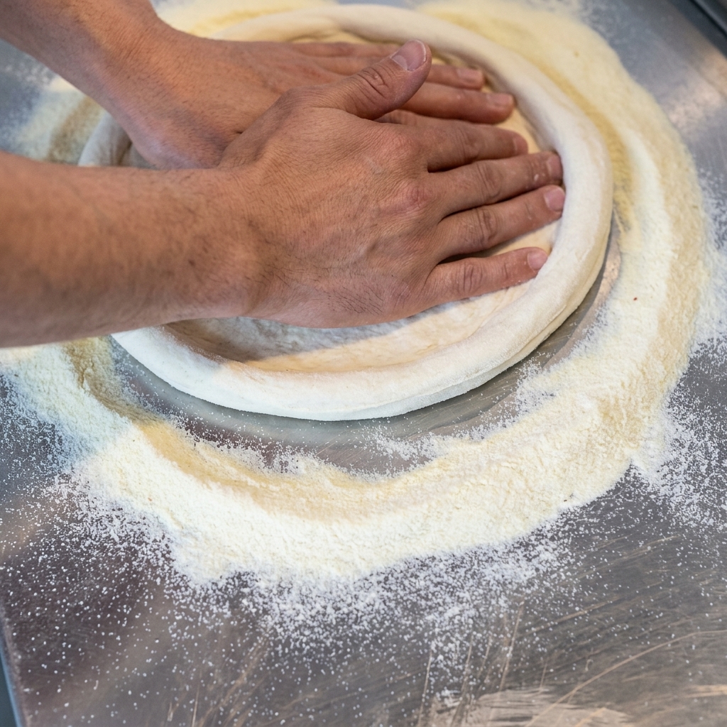 Nahaufnahme von Händen, die den Pizzateig auf einer bemehlten Metallarbeitsfläche drücken und dehnen.