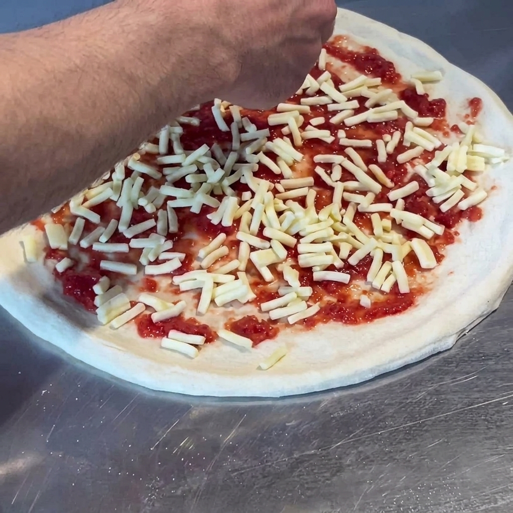Geriebener Käse wird auf der Tomatensoße der Pizza verteilt.