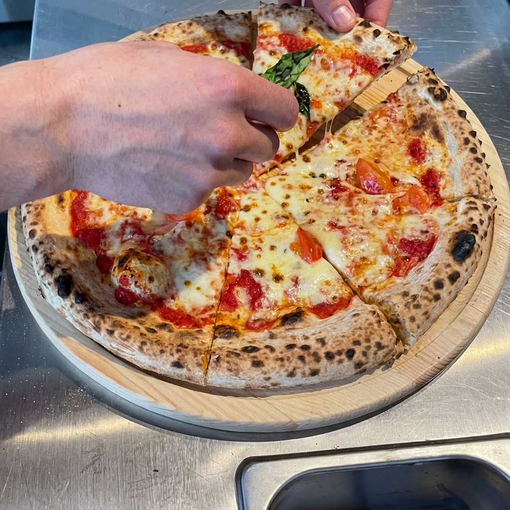 Frische grüne Rucolablätter werden auf der heißen, gebackenen Pizza verteilt.