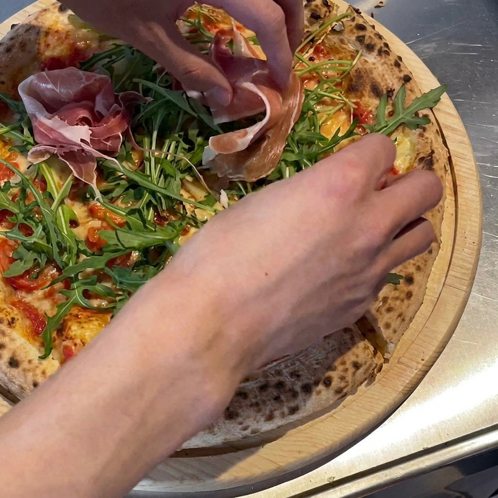 Hauchdünne, zarte Prosciutto-Scheiben werden als letztes Topping auf die Pizza gelegt.