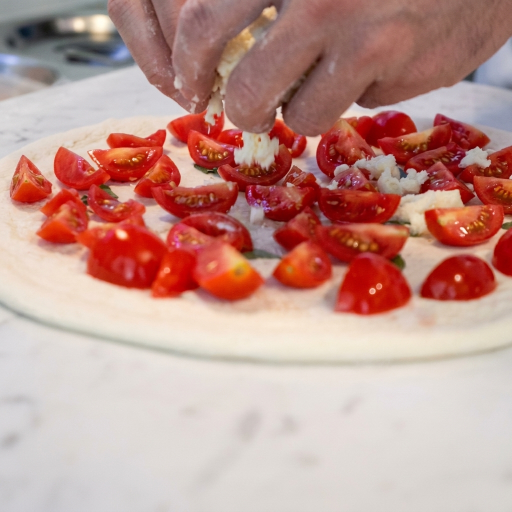 Mozzarella-Käse wird gleichmäßig über die mit Tomaten belegte Pizza gestreut.