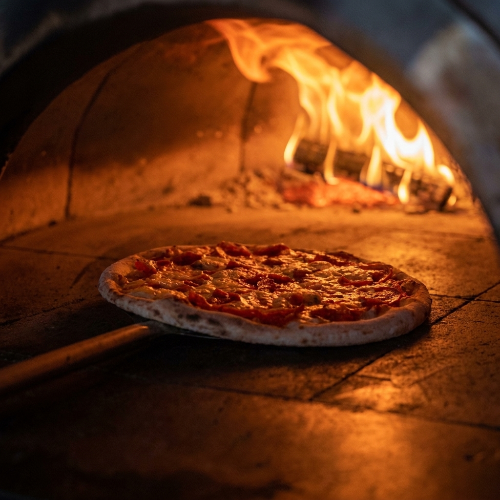 Eine Pizza backt in einem glühenden Holzofen und wird mit einem langen Metallschieber gedreht.