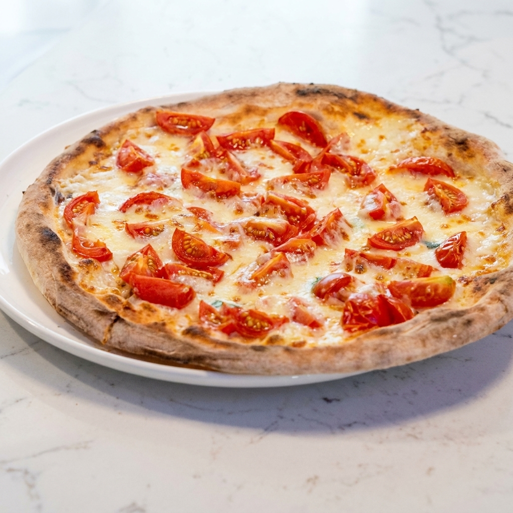 Eine frisch gebackene Pizza wird auf einer Marmoroberfläche mit einem Edelstahl-Pizzaschneider geschnitten.
