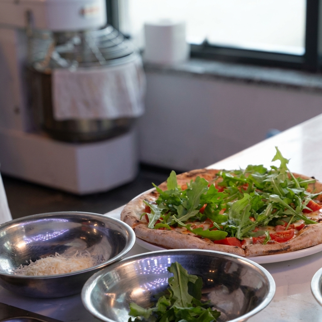 Frischer grüner Rucola wird auf einer geschnittenen, gebackenen Pizza verteilt.