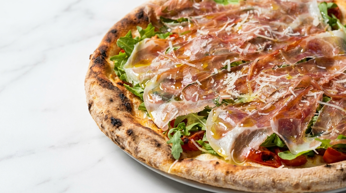 Eine frisch gebackene neapolitanische Pizza, belegt mit frischem Rucola, dünnen Scheiben Prosciutto und gehobeltem Parmesan.