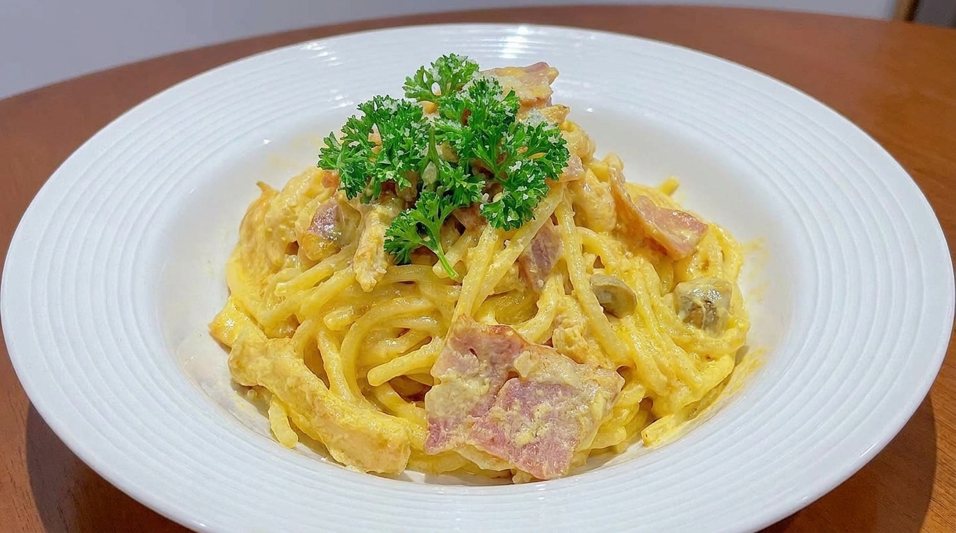 Cremige Spaghetti mit Hähnchen und Speck