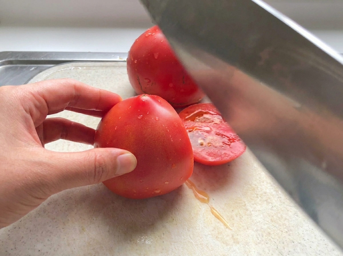 Frische rote Tomaten werden auf einem weißen Schneidebrett mit einem großen Messer in Stücke geschnitten.