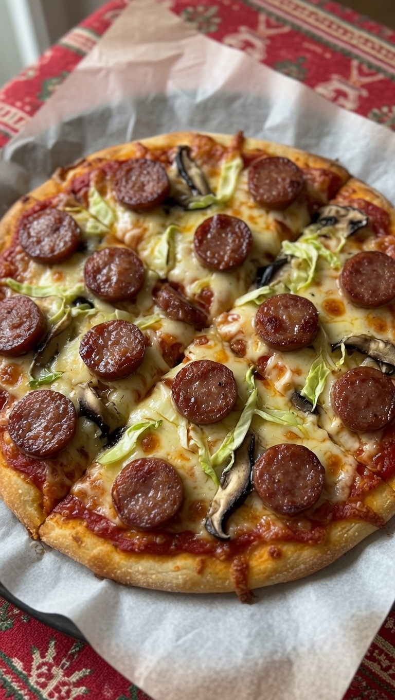 Hausgemachte Pizza mit Salsiccia & Shiitake-Pilzen