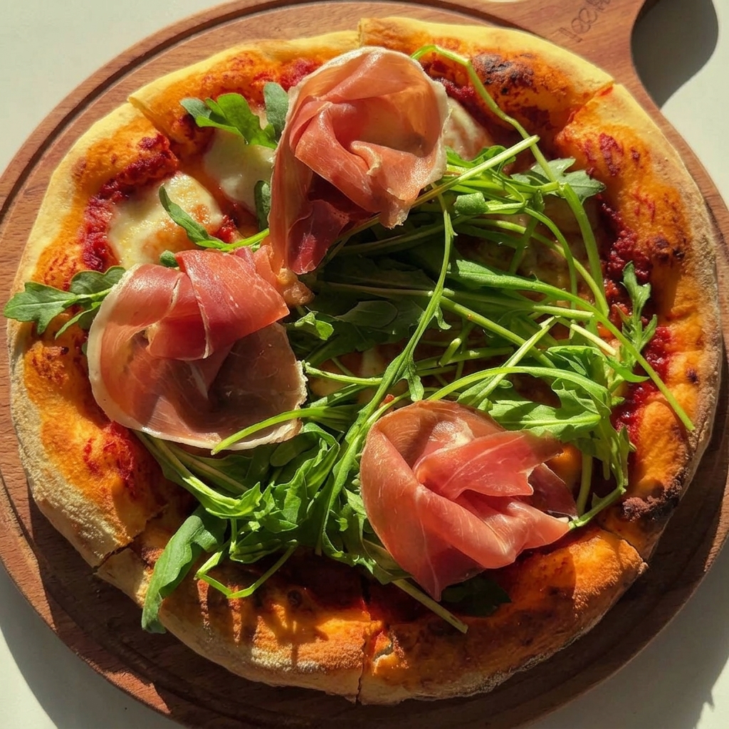 Eine heiße, gebackene Pizza auf einem Holzbrett, belegt mit frischem grünem Rucola und gefalteten Scheiben Parmaschinken.