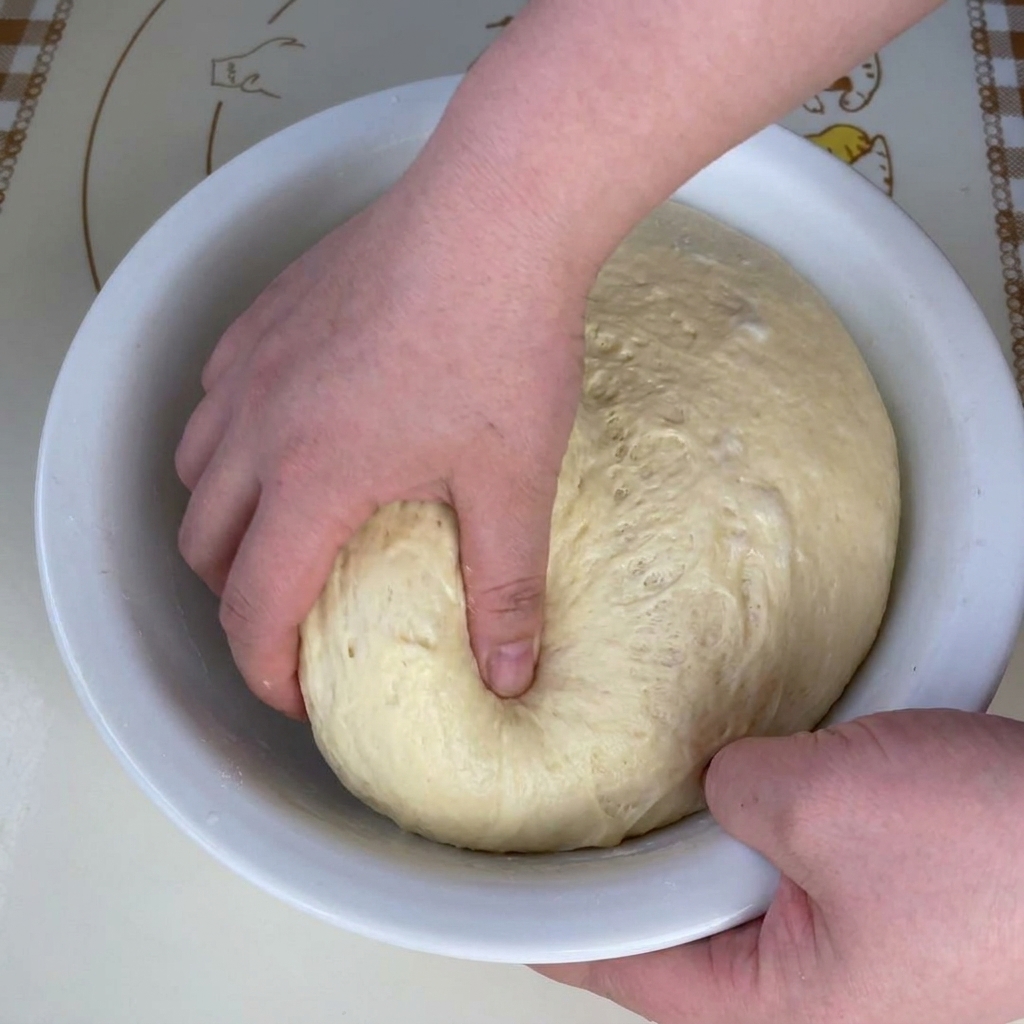 Eine Nahaufnahme des aufgegangenen Pizzateigs, der auseinandergezogen wird und im Inneren eine wabenartige Struktur zeigt.