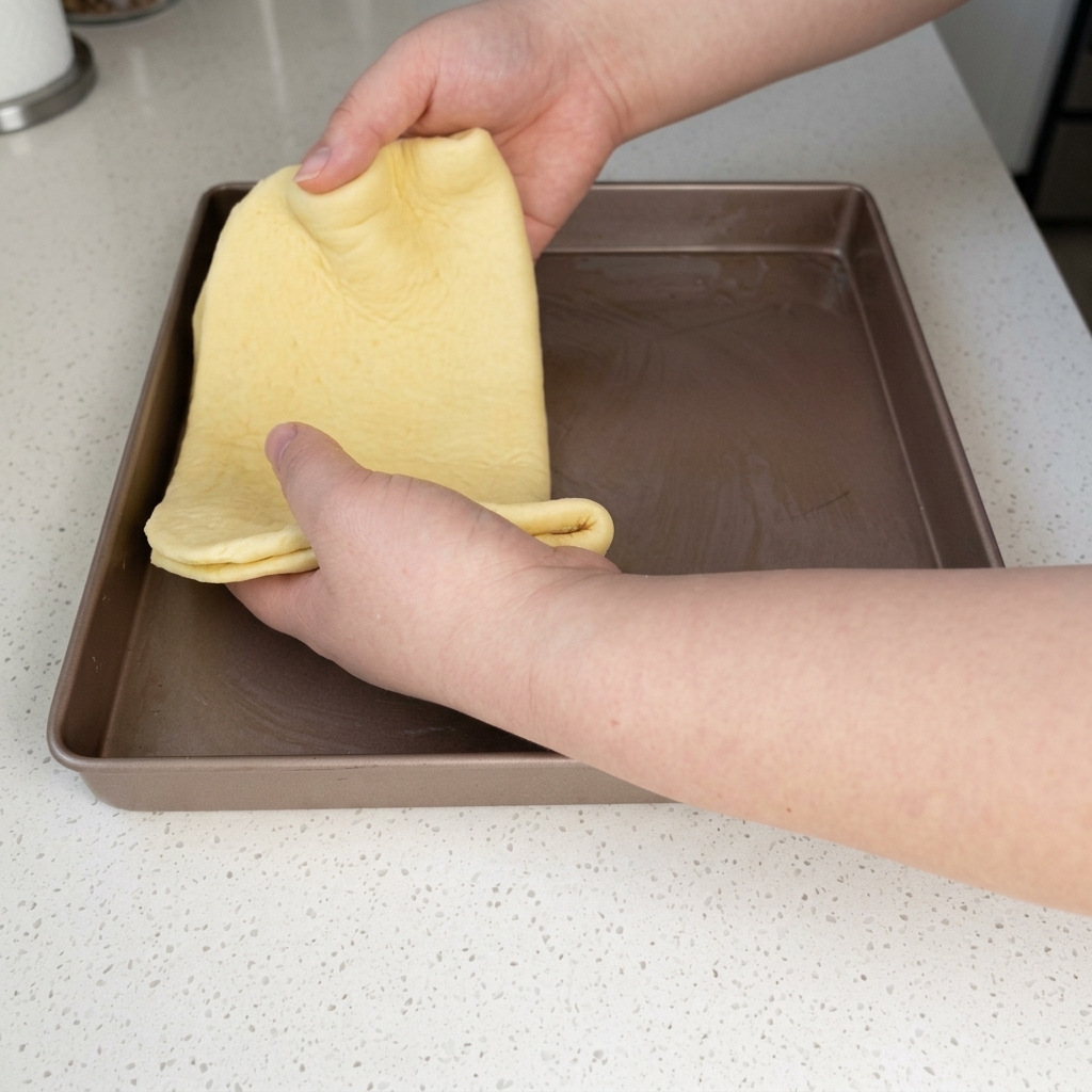 Hände heben eine ausgerollte Pizzateigplatte an und legen sie vorsichtig in ein gefettetes, quadratisches Backblech aus Metall.