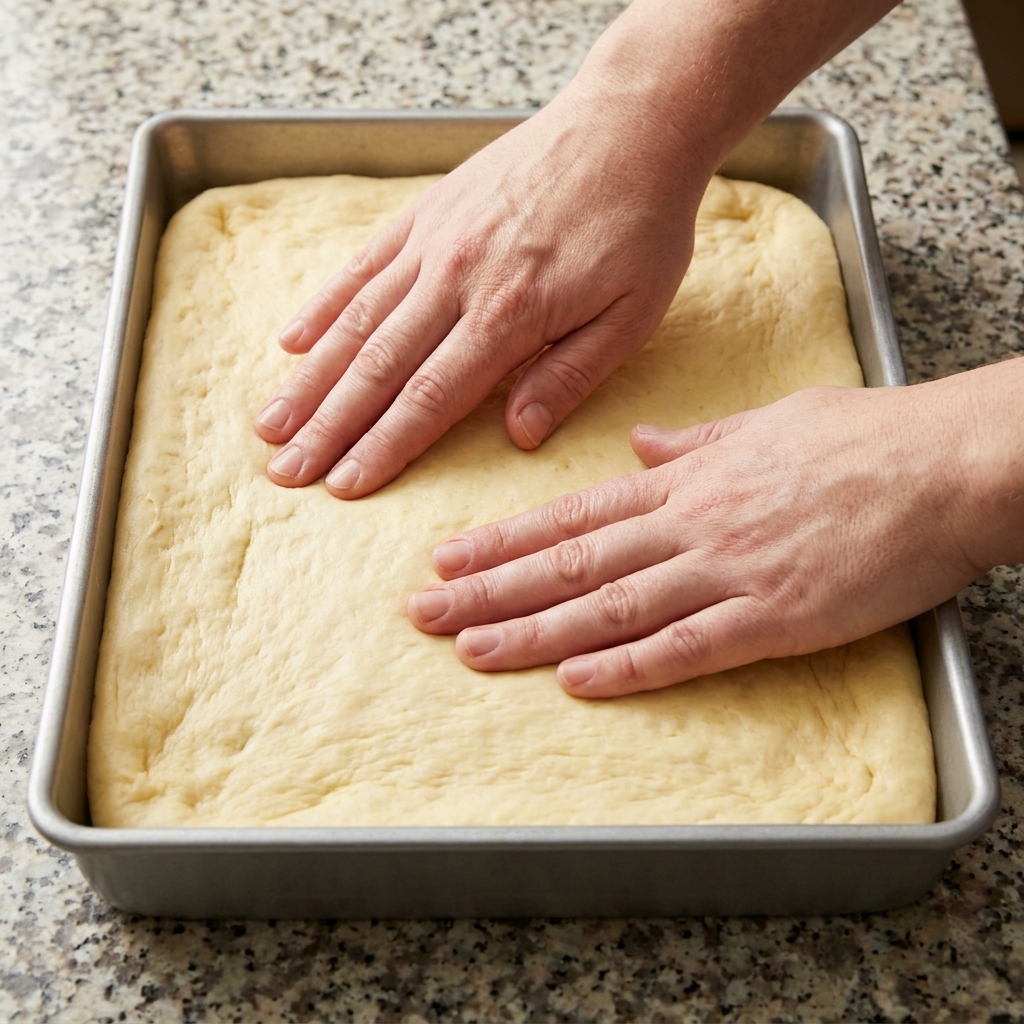 Hände drücken die Ränder des Pizzateigs in die Ecken einer dunklen Backform, um eine gleichmäßige Passform zu gewährleisten.
