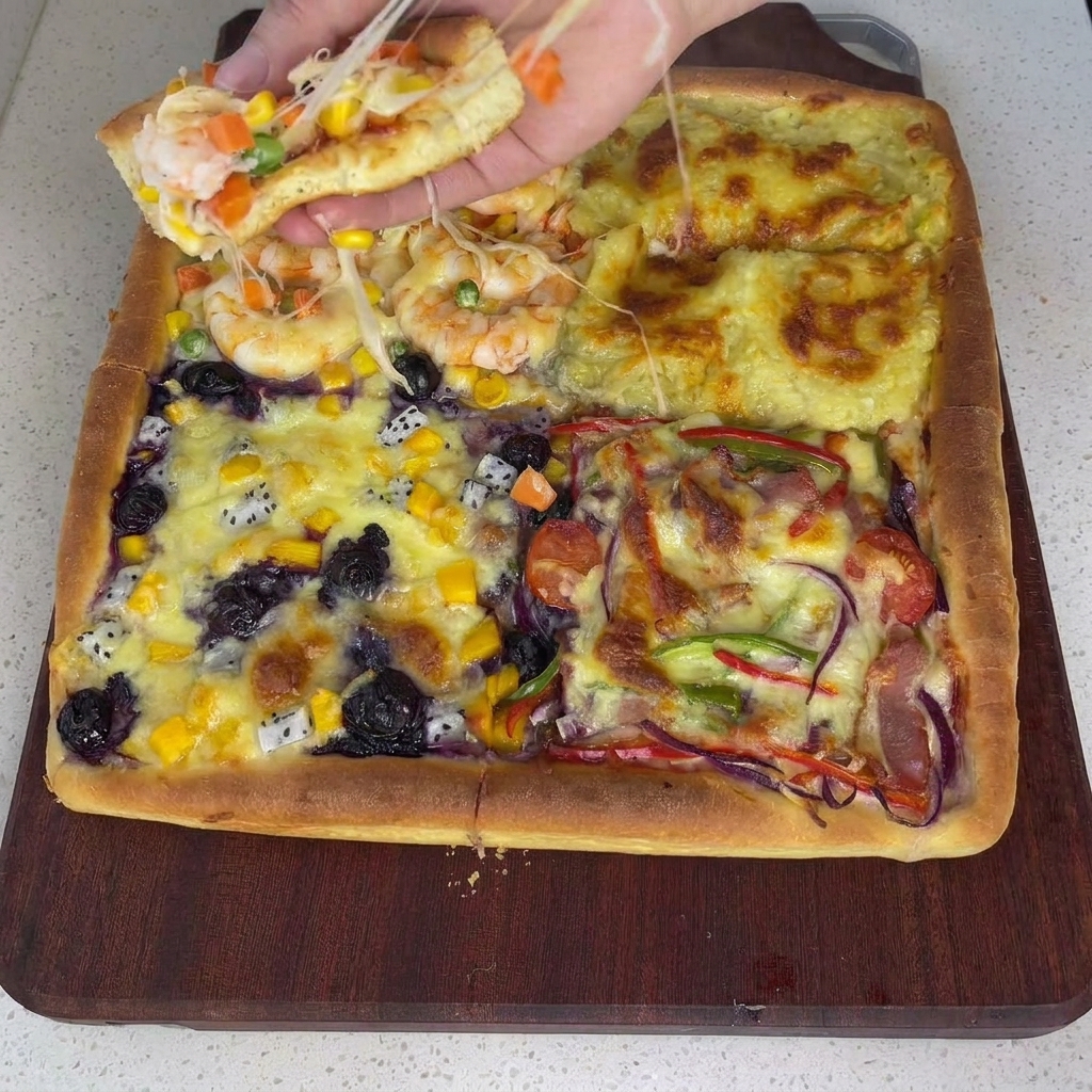 Eine Hand streut eine dicke Schicht geriebenen Käse über den mit Soße bestrichenen, quadratischen Pizzaboden.