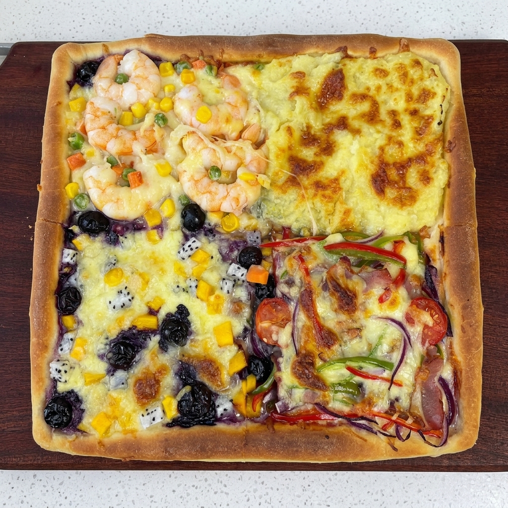 Bananenscheiben, gewürfelte Mango, Blaubeeren und Drachenfruchtstücke werden ordentlich auf einem Viertel des mit Käse bedeckten Pizzateigs angeordnet.
