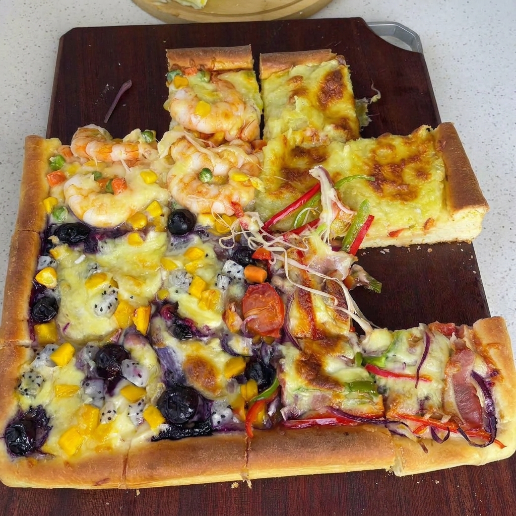 Eine Handvoll geriebener Käse wird über die angerichtete Vier-Geschmacks-Pizza gestreut.