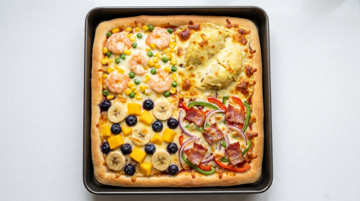 Vier-Geschmacks-Pizza (Garnele, Durian, Obst & Speck)